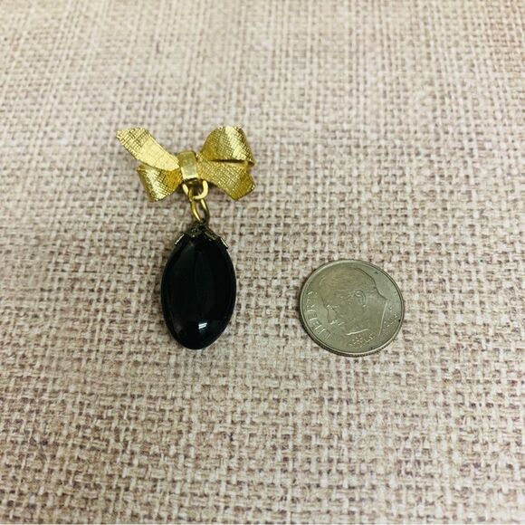 VTG Gold Bow with Black Drop Brooch - Picture 1 of 2